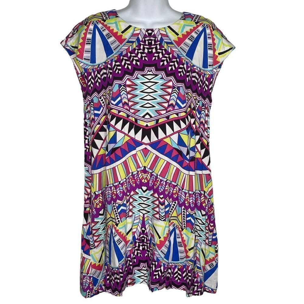 𝅺uncle Frank Multi-Colored Print Mini Shift Dress XS 100% Rayon Pockets